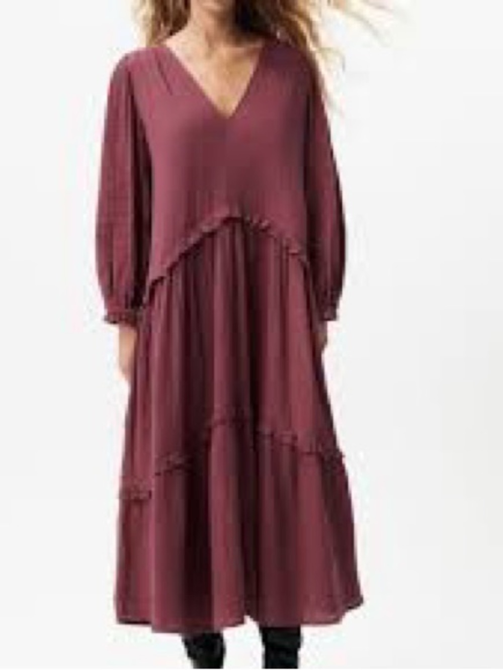 Zara Long Sleeve Tiered Maxi Dress in Wine
